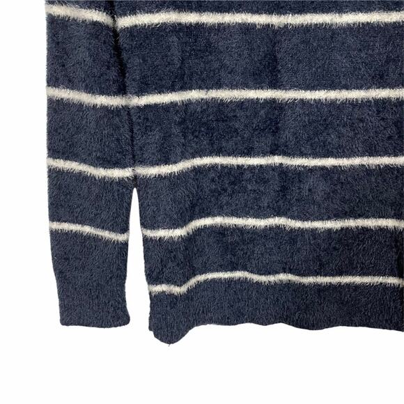 Cable Stitch Striped Fuzzy Crew Neck Sweater Size XS Navy - Picture 2 of 7